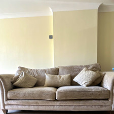 Beige Fabric 3 Seater Sofa Rolled Arms Solid Pattern With Cushions and 2 single.