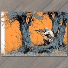 Art Print Sniper Hidden Trees Hunter Rifle Scope Orange Background Tactical Camo