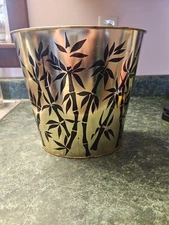 MCM Vtg JV Reed & Co Metal Trash Can 9” Gold Black Bamboo Leaves Branches