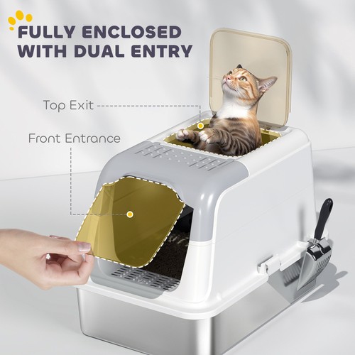 Caja de arena de acero inoxidable PawHut, bandeja de arena de metal cerrada con cuchara - Imagen 7 de 11