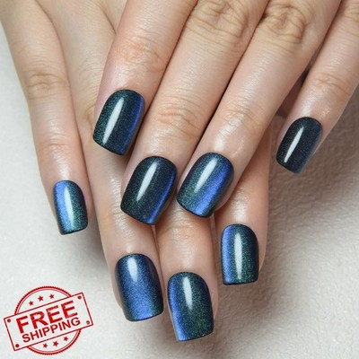 evpct Teal Cat Eye Short Square 30Pcs Nails