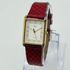 Vintage 1989 Unisex TIMEX Gold Tone Tank Style Watch, Red Leather, 24mm, Quartz