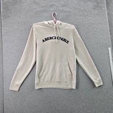 Abercrombie Fitch Men Hoodie M Beige Embroidered Fleece Logo Text Pullover