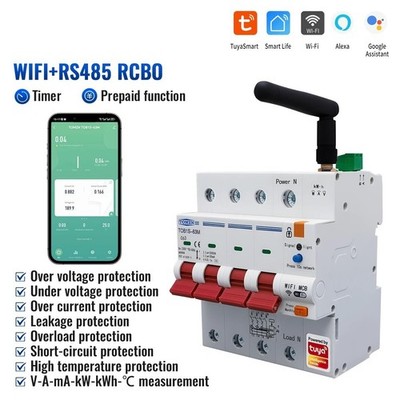 4P 400V 63A TUYA Smart Life WiFi Smart Circuit Breaker Remote Control MCB Volt