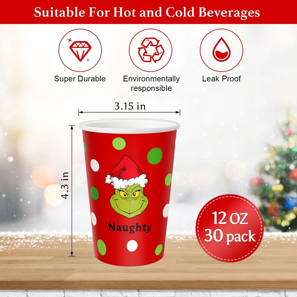 Tazas Desechables de Navidad 12 Oz, Tazas de Papel Rojo para Adultos Niños Tazas de Fiesta de Navidad f Foto 2 de 4