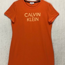 Calvin Klein Orange Crew Neck Short Sleeve T Shirt Dress Logo Size Large
