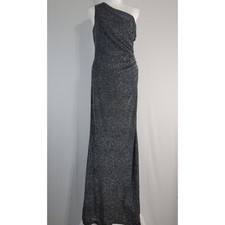 Eliza J One Shoulder Ruched Shimmer Gown size 14 Black Silver Prom Whimsigoth