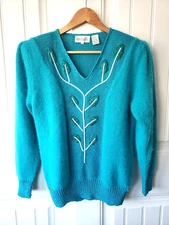 VTG Eugenia by Angenie Sweater Small 80’s Wool Angora Embellished Turquoise Glam