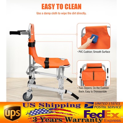 Foldable Portable Climbing Stair Chair W/ Restraining Straps Wheels Ambulance