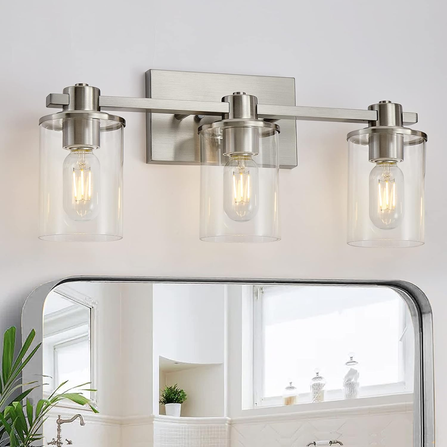 3 Light Bathroom Vanity Light Fixtures, Brushed Nickel Bathroom Lights over Mirr