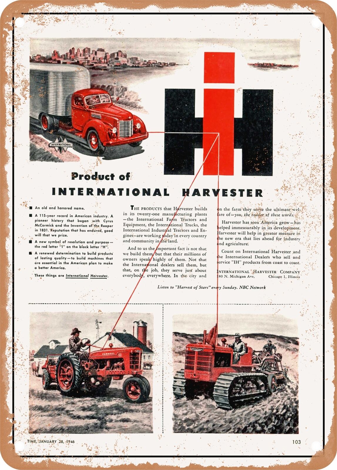 METAL SIGN - 1946 Product of International Harvester Vintage Ad