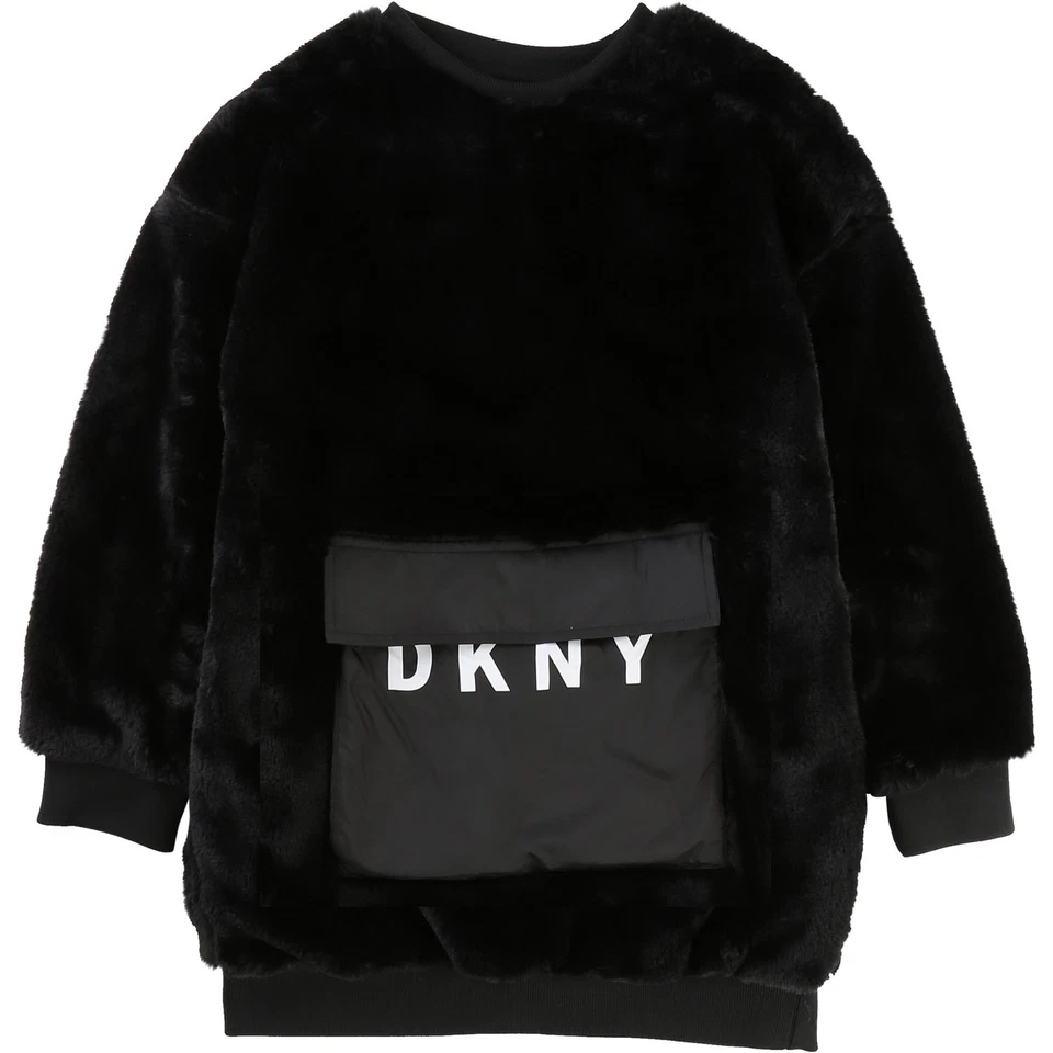 DKNY Kids Kleid Teddyfell Kunstpelz schwarz 122 128 134 140 146 152 158 164 172 