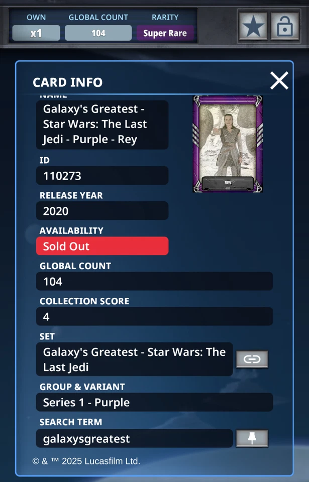 Topps Star Wars Card Trader 2020 Galaxy Greatest TLJ Purple Rey 104cc SR - Image 2 of 2