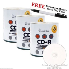 300 52X Smartbuy CD-R White Thermal Printable Blank Disc+ Black Permanent Marker