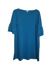 Halogen Tiered Sleeve Knit Shift Dress Modest Medium Teal Blue Career Work 