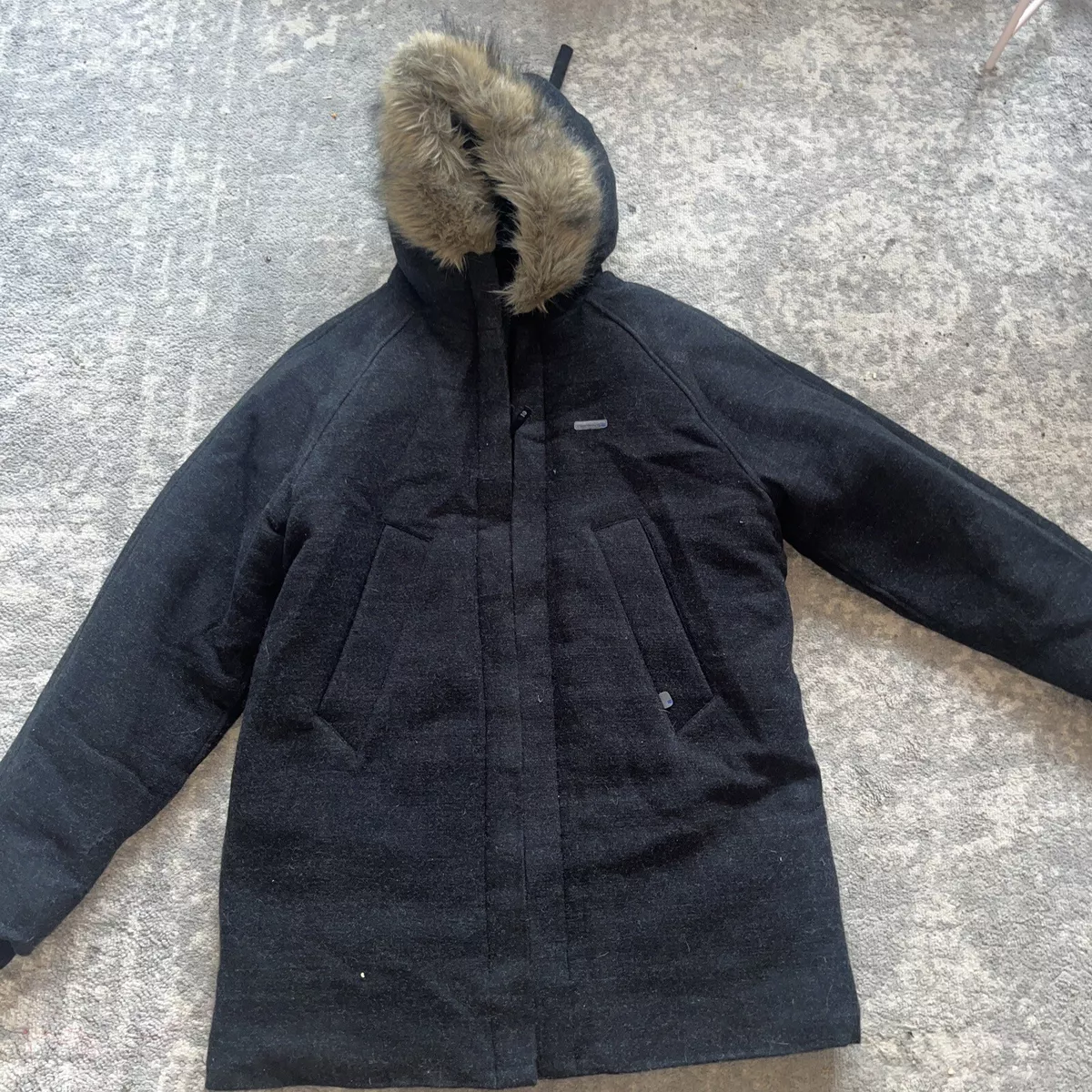 Men s Large Firetrap Jacket Hooded Winter Coat Charcoal Black Wool