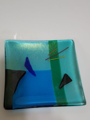 Gaya Studio Art Glass Square Trinket Dish Plate Green Blue Mid Century Modern - Picture 5 of 11