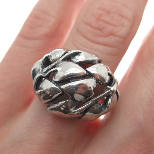 925 Sterling Silver Vintage Leaves Oxidized Dome Ring Size 6