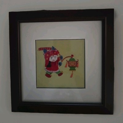 Vintage Chinese Silk Thread Embroidery  Child Lantern Fu Textile Art Framed 