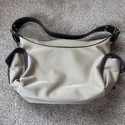 Preston & York Soho Hobo Y2K Shoulder Bag Purse Beige Canvas Brown Silver Buckle