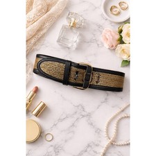 Bebe Womens Wide Waist Belt Black Gold Metall...