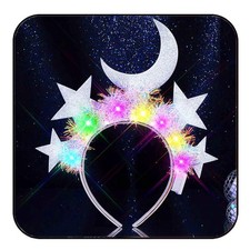Light Up Silver Star Moon Celestial Tinsel LED Headband Glow Hair Crown