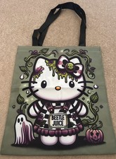 Hello Kitty Graphic Print Canvas Tote Bag Green Black Shoulder Straps Bow
