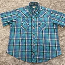 Wrangler Wrancher Shirt Mens XXL Blue Plaid Pearl Snap Chest Pockets Western