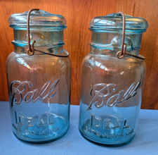 2 Vtg 1 qt blue glass canning jars w/wire bail BALL IDEAL Pat'd July 14, 1908