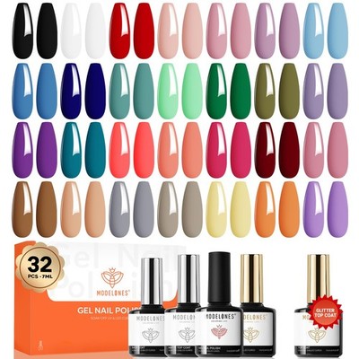 modelones 32 PCS Gel Nail Polish Set, 28 Colors Gel Polish with No Wipe Base Coa