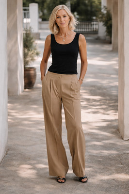 Max Mara Pants Silk Crepe Wide Leg Pleated Beige Camel Italy 12 NWT