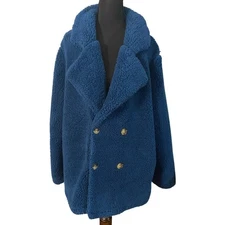Stillwater Supply Co Teddy Sherpa Peacoat Jacket Blue L Plush Cozy Winter Coat