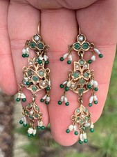 14Ct Rose Gold Emerald And Pearl Antique Large Drop-Down Earrings 8.9 G