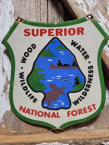 VINTAGE SUPERIOR NATIONAL FOREST PORCELAIN SIGN OLD SMOKEY WILDERNESS WILDLIFE