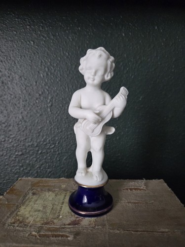 Vintage 6.5" Porcelain Bisque Cherub Playing Lute w/ Cobalt Blue Gold Base - Picture 1 of 9