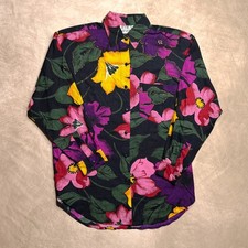 Vintage 80s Multicolor Floral Print Beaded Button Up Shirt Tropical Vacation