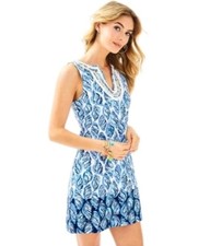 Lilly Pulitzer Blue Shell Flat French Terry Harper Shift Dress Sz Small Pom Poms