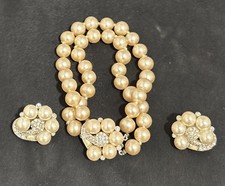 Vintage Silver Tone Faux Pearl Rhinestone Bracelet Earrings Set Nice