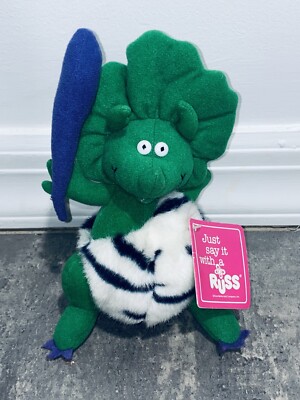 Russ Berrie Vintage Caveman Plush NUGGET Green Dinosaur Zebra Fur