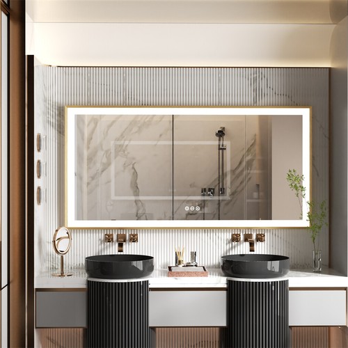 Large LED Bathroom Wall Mirror Gold Frame Demister Touch Control Anti-fog Mirror - Picture 2 of 22