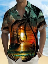 Plus Size Coconut Tree Sunset Print Hawaiian Shirt Button Up Big  Tall Shirt