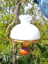 Grand lustre Suspension vintage  bois et opaline blanche  80 haut très bon état
