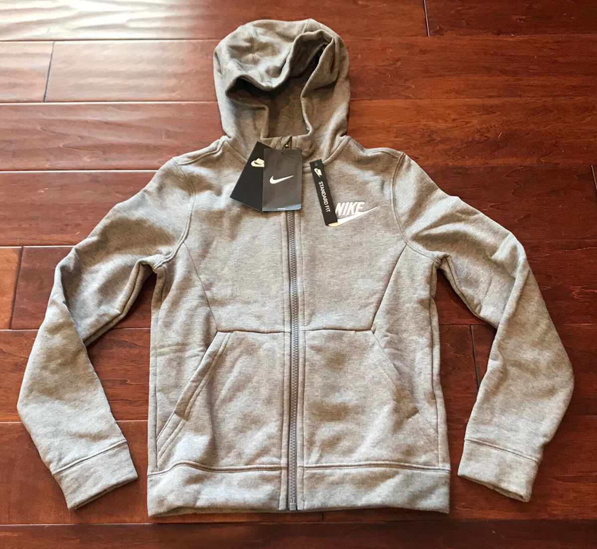 Nike 939639 091 Big Boys Gray White Hoodie Hood Zip Up Sweatshirt Sz S M L NWT