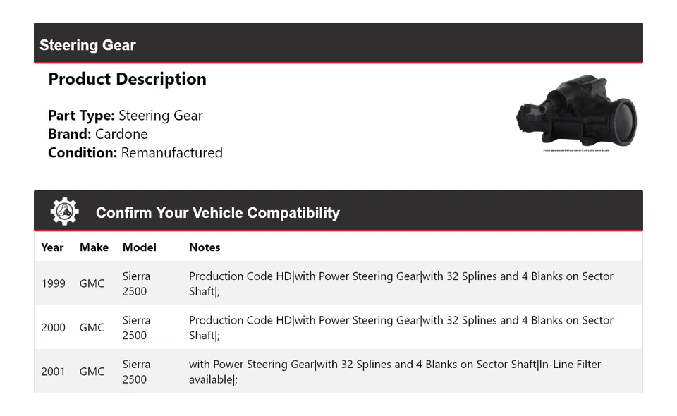 Engranaje de dirección Cardone 2000 para GMC Sierra 2500 1999-2001 Foto 2 de 4