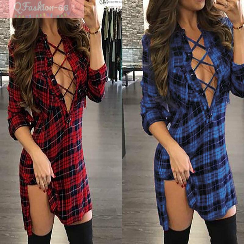 Women Sexy Plaid Print V-neck Lace Up Short Shirt Dress Lady Casual Blouse  Tops