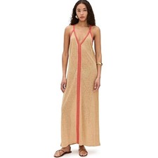 NWOT Pitusá Petite Metallic Knit Maxi Dress Gold Red Trim V-Neck Spaghetti Strap
