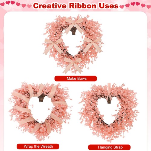 Valentines Day Heart Wreath 22 Inch Pink Artificial Floral Ribbon Door Hanging - Picture 4 of 7