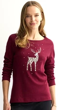 Croft & Barrow LS Maroon Christmas Holiday Tee w Reindeer NWT XXL (20)
