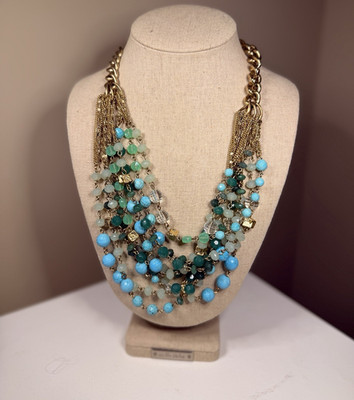 RARE FIND Stella & Dot  Gold + Blue Statement Layered Curb Link Beaded Necklace 