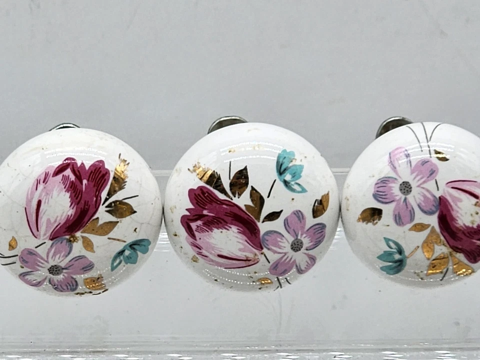 27 tiradores de cajón de perilla de cerámica floral pintada a mano de porcelana fina Belwith 1985 de colección Foto 4 de 4